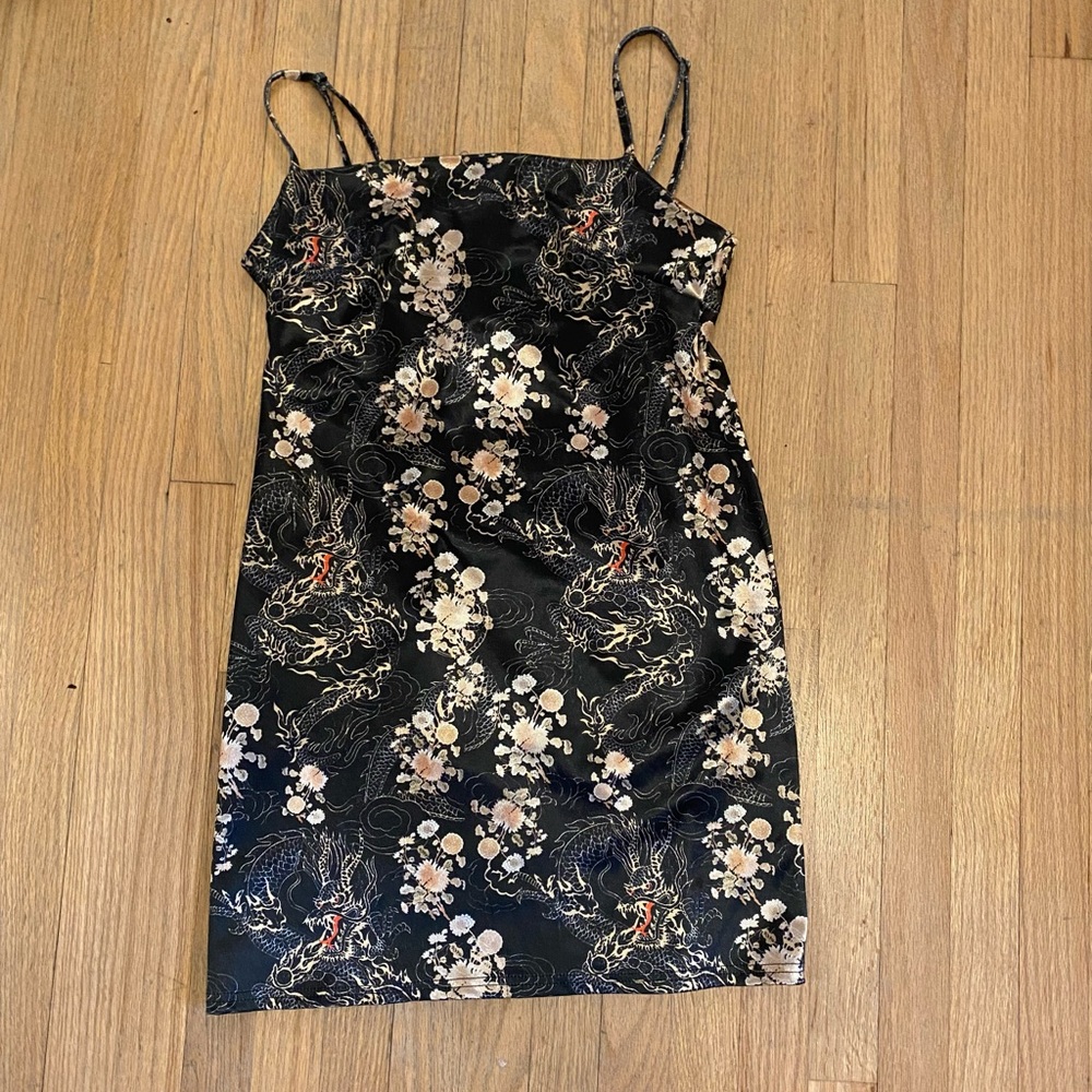 Urban Outfitters Black Floral Mini Dress with Cream & Gold Accents